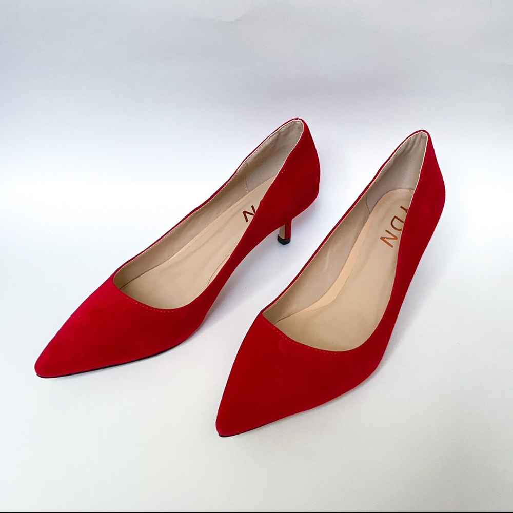 YDN Red Pointed Toe Low Kitten Heels Pumps Shoes